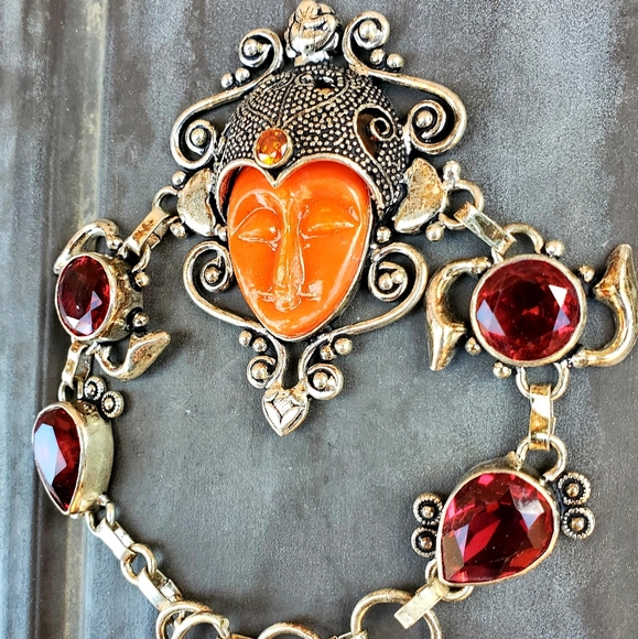 New Carved Goddess Face Multi Gemstone 925 Silver Bracelet. - Picture 2 of 15